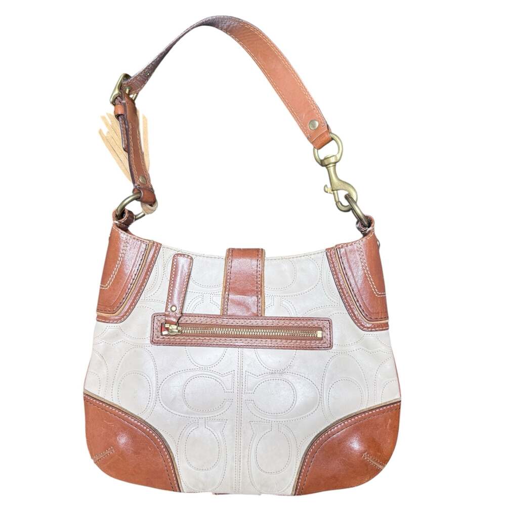 Coach Hamptons Collection Signature Embossed Leather Medium Hobo Bag Brown Cream - Picture 2 of 6